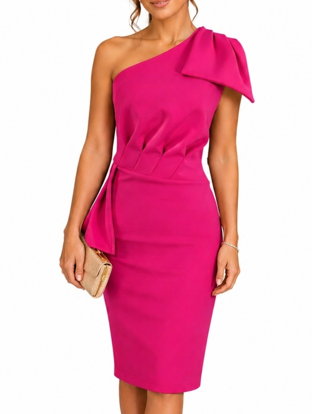 Bold Pink Crepe Midi Cocktail Dress Pleated Peplume One Shoulder Bow Size M NEW